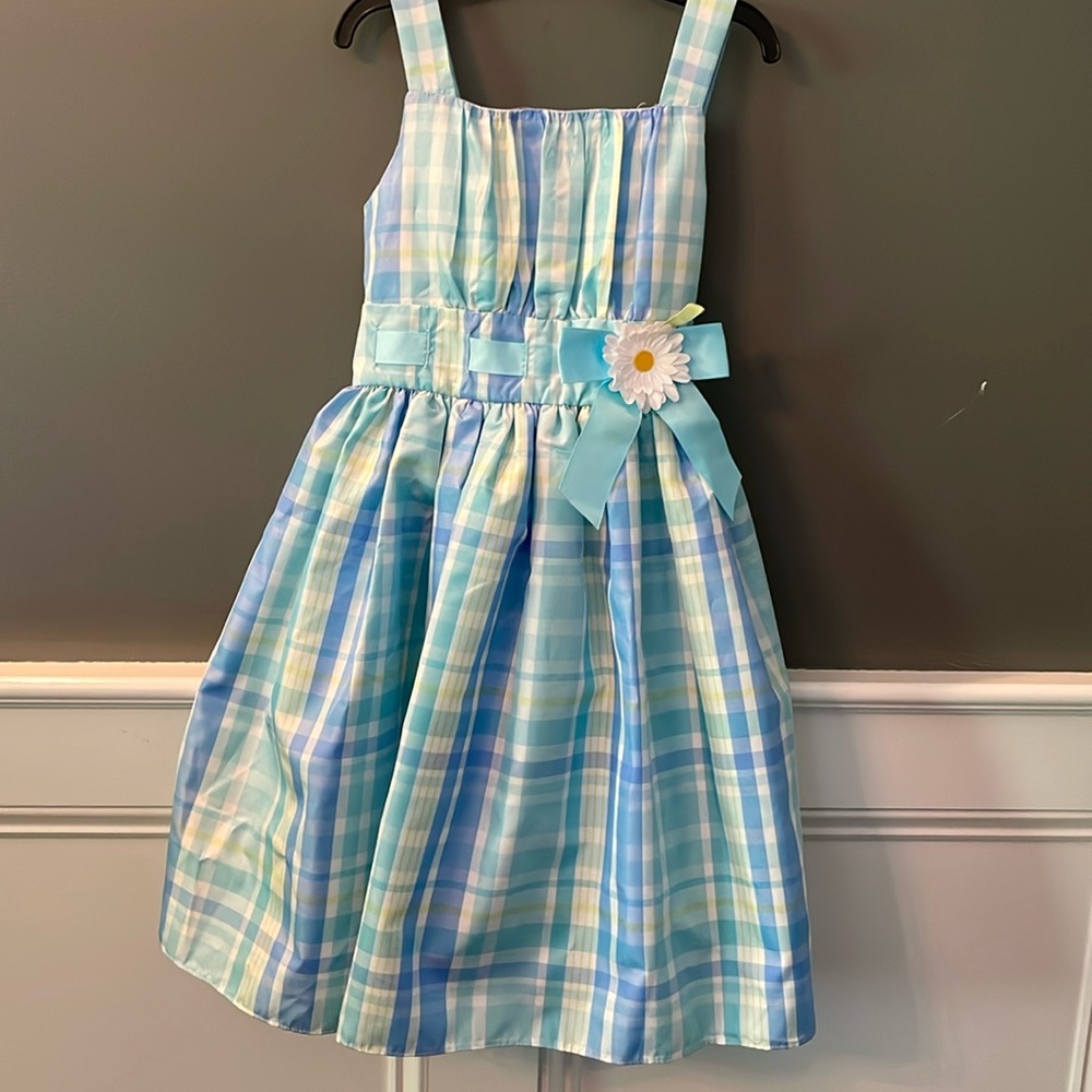 Blue Plaid Kids Dress with Flower Accent